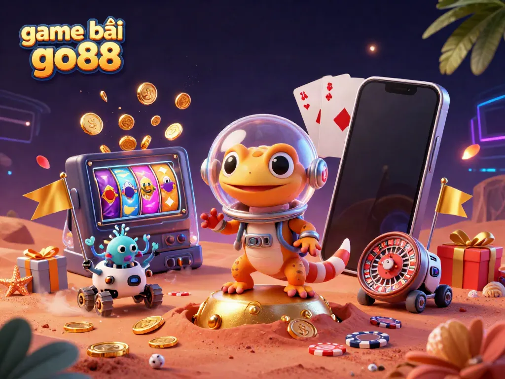 Engage in the thrilling world of game bài go88 with vibrant slots, golden coins, and colorful casino elements.