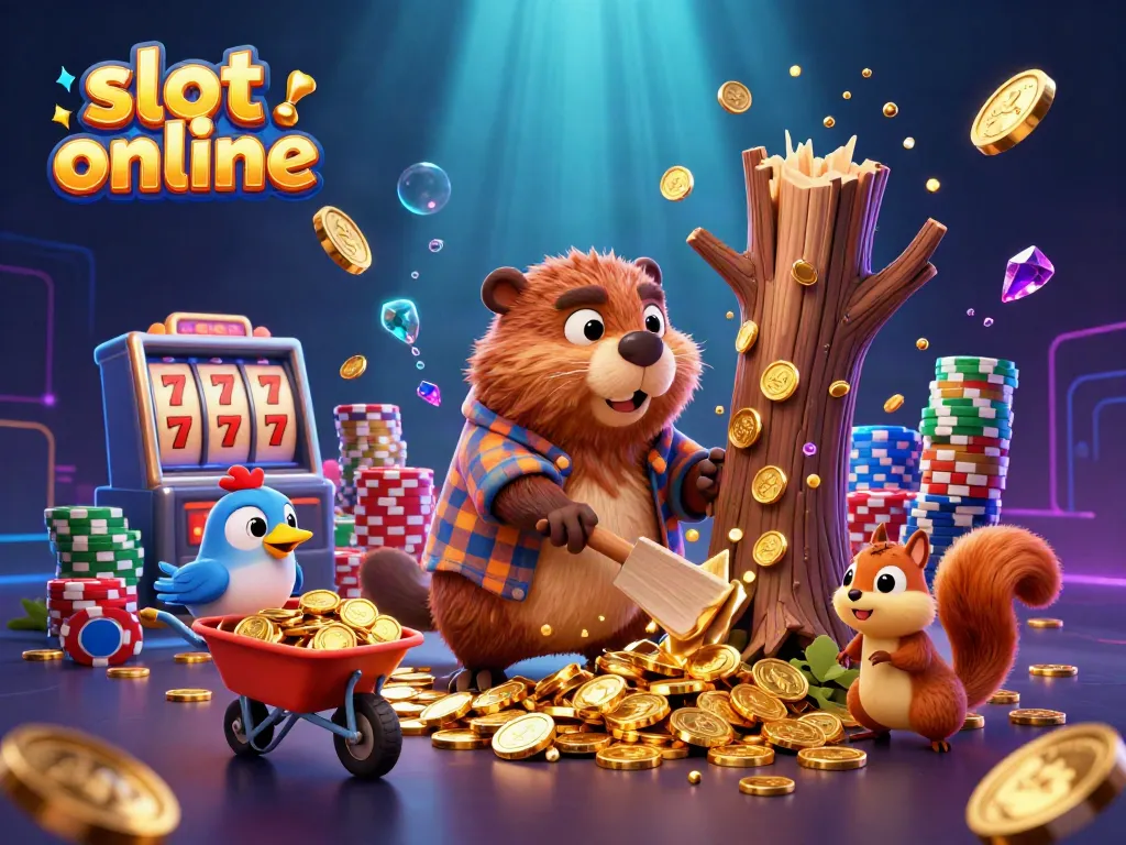 Engaging 3D cartoon art depicting slot online with a beaver, bird, and squirrel collecting coins.