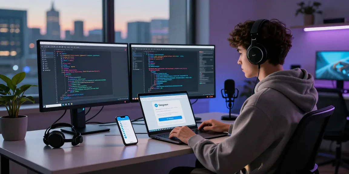 Developer using Telegram Download in a modern tech workspace with coding screens and city skyline view.