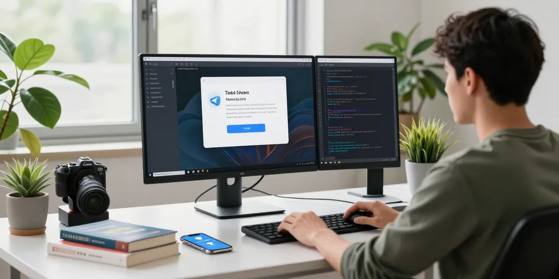 View of a workspace with Telegram Chinese interface on monitors, reflecting modern tech aesthetics.