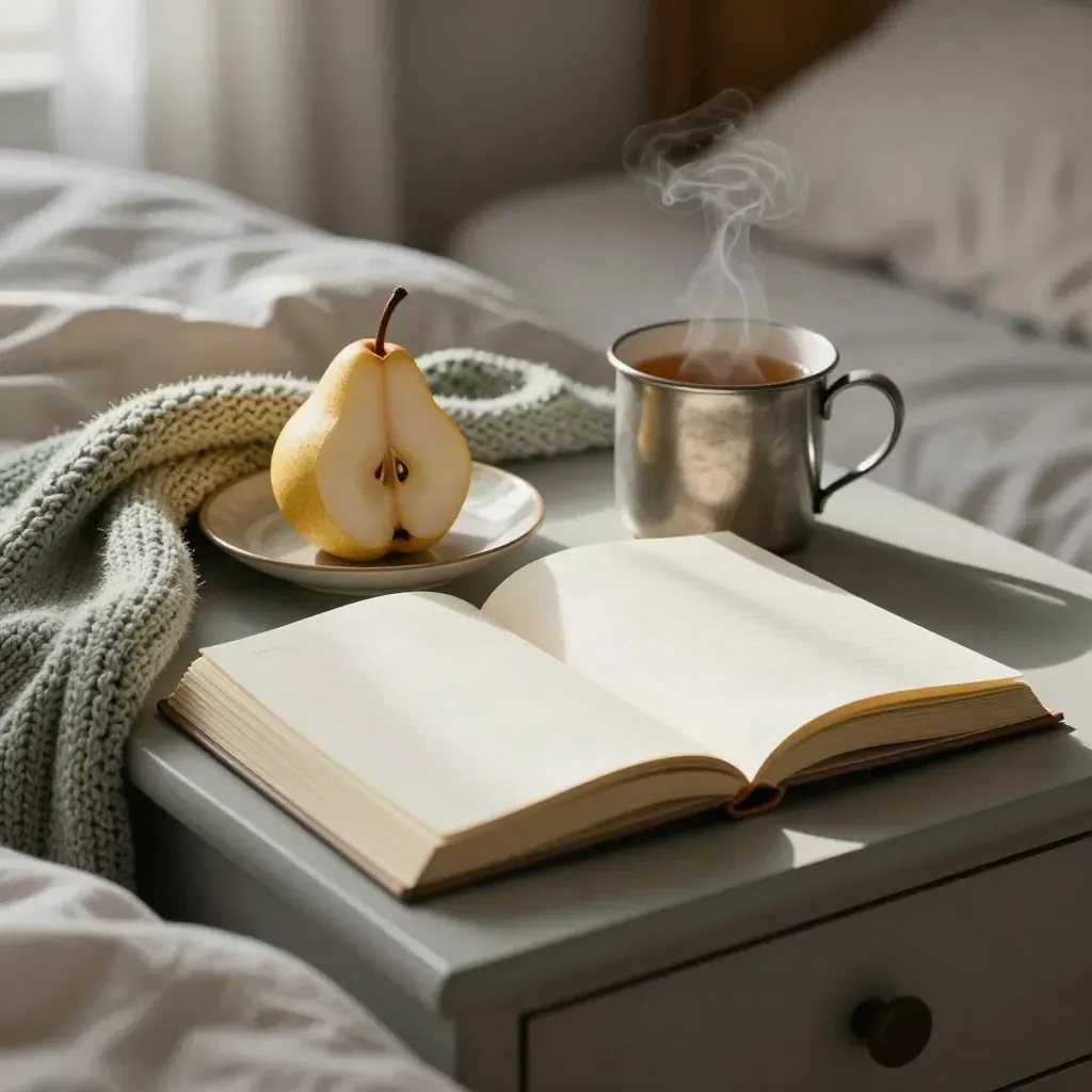 Öppen gravidjournal, päron och ingefärste på nattduksbordet i mjukt morgonljus.