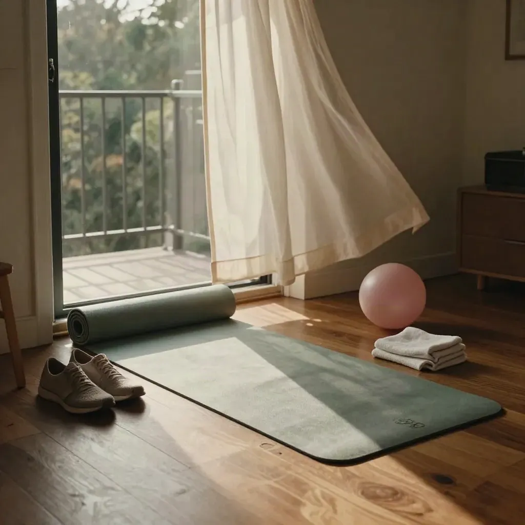 Yogamatta, träningsskor, födelseboll och handduk vid balkongdörr i mjukt eftermiddagsljus.