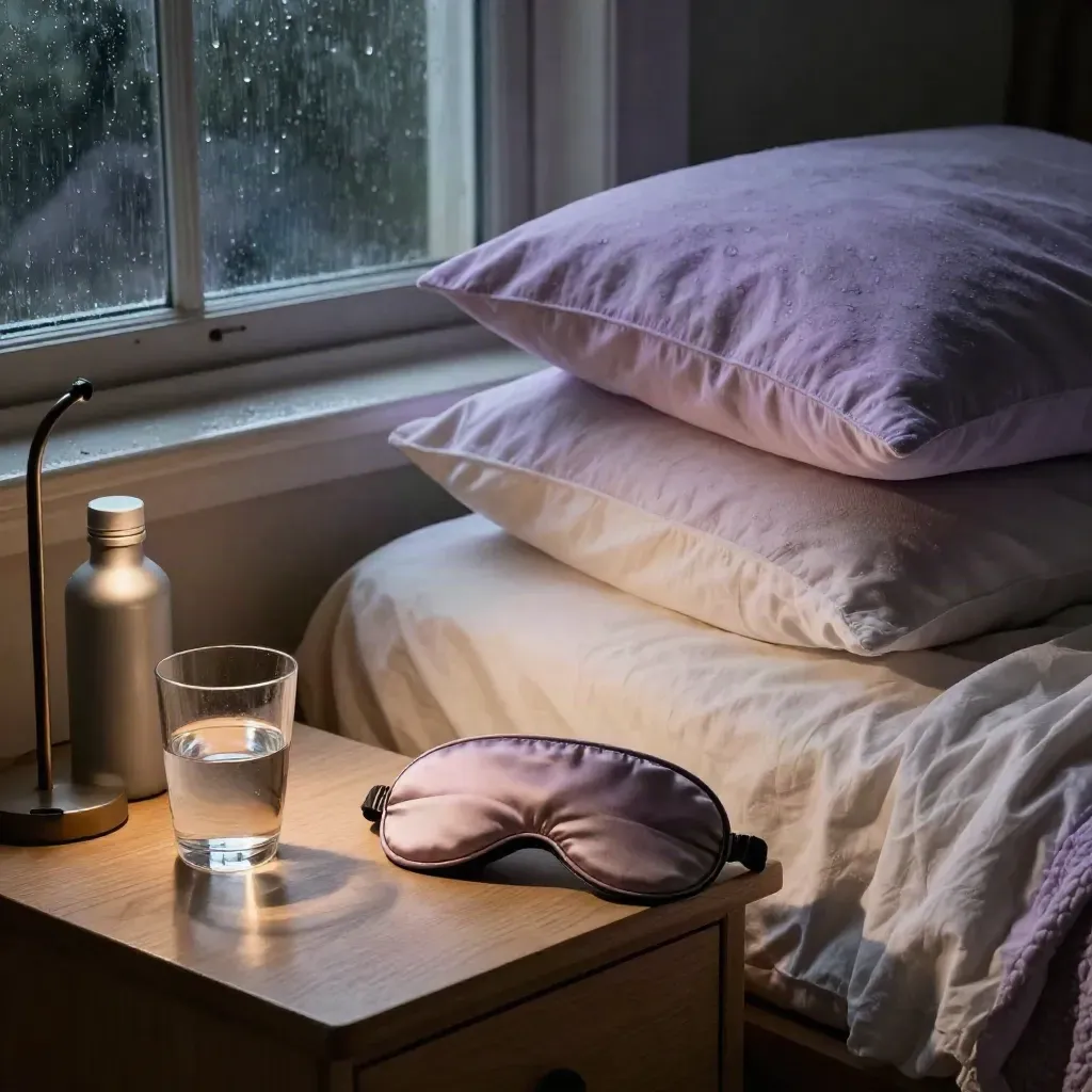 Bedsidebord med sovmask, vattenglas, magnesiumflaska och kuddar i regnig natt.