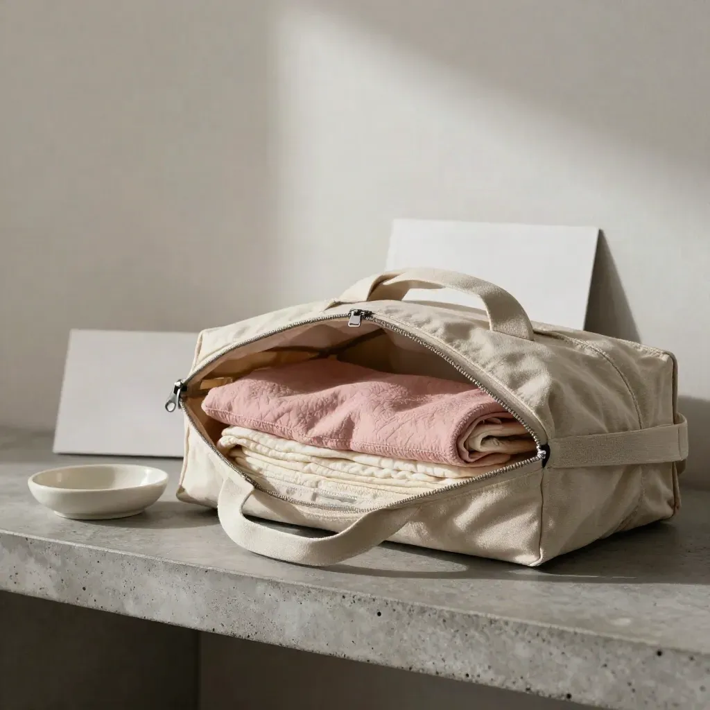Öppen sjukhväska med vikta tygpåsar, swaddle och mjuka tofflor på en stenhylla