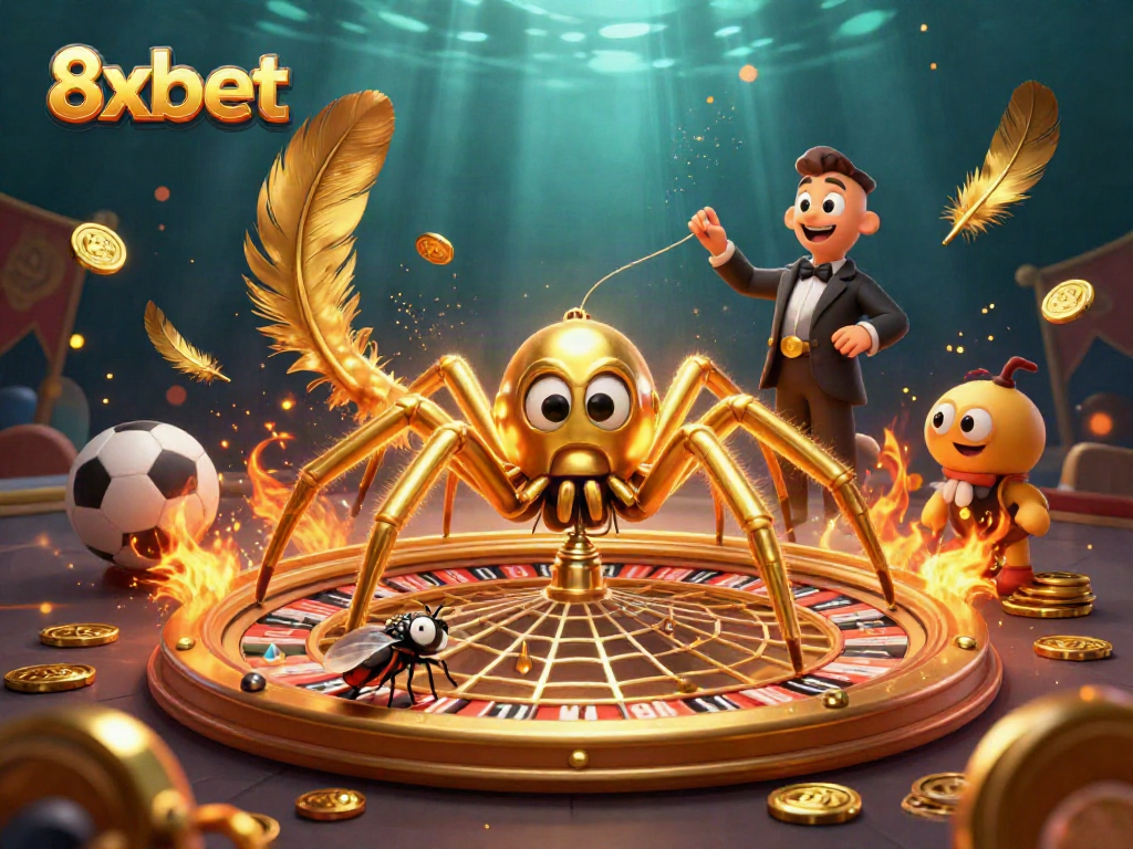Experience thrilling bets with 8xbet as the golden spider spins a roulette web in this vibrant gambling scene.