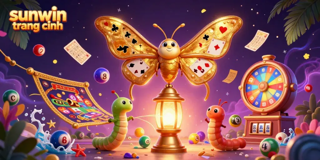 Engage with the sunwin trang chính through a vibrant, 3D illustration showcasing dynamic casino elements and colorful lottery motifs.