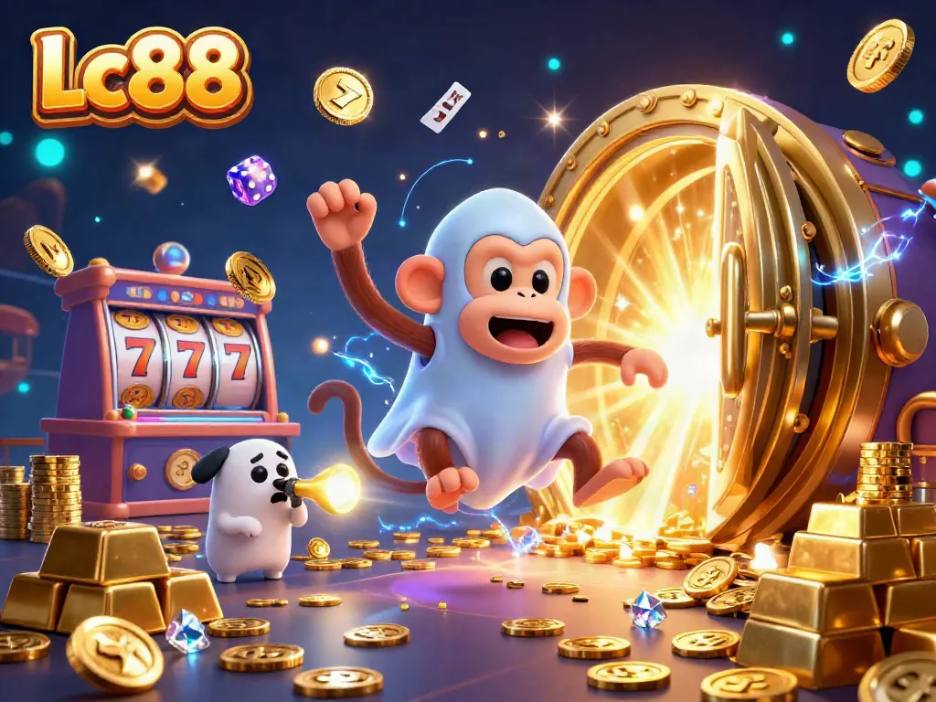 Experience Lc88 in a lively casino scene with vibrant characters and golden treasures.