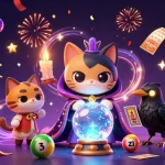 Sumclub showcases vibrant lottery elements with cartoon characters celebrating winning moments in gaming.