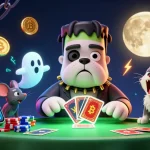 Go88 players enjoy a thrilling card game at a spooky table with a cartoon monster dealer and ghostly elements.