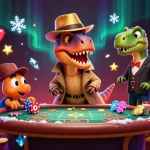 Experience interactive thrills at 789p with a velociraptor card counter amid colorful gaming elements