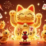 Experience the vibrant excitement of Say88 as golden fireflies form a lucky cat amidst dynamic casino symbols, illuminating the gaming world.
