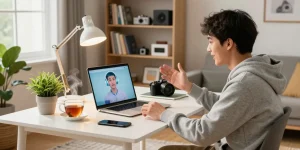 Engaging chat with Crush on AI in a cozy workspace, showcasing technology and companionship.