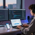 Developer using Telegram Download in a modern tech workspace with coding screens and city skyline view.