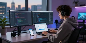 Developer using Telegram Download in a modern tech workspace with coding screens and city skyline view.